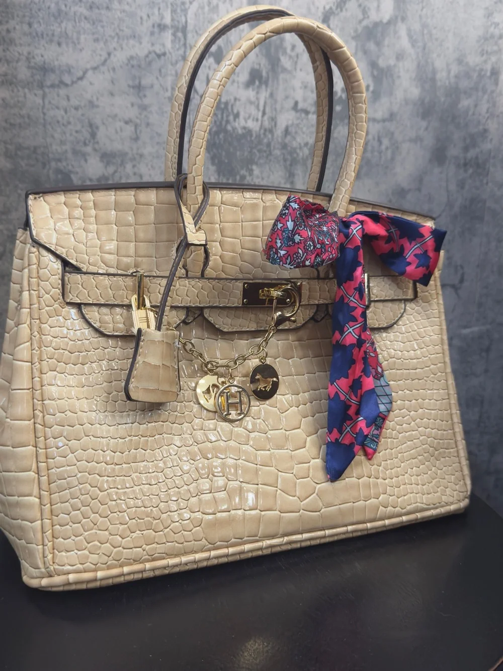 Cream Croc-Embossed Tote Bag with Gold Hardware